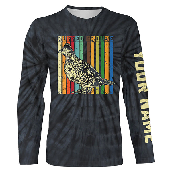 Ruffed Grouse Hunting Retro tie dye Custom Name T-shirt, Long sleeve, Hoodie for Upland game Hunters FSD3936