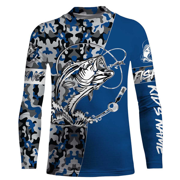 Bass Tattoo camo Blue Bass Fishing Custom Name UV Protection Shirts, Bass Fishing Tournament Clothing - FSD2984