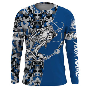 Bass Tattoo camo Blue Bass Fishing Custom Name UV Protection Shirts, Bass Fishing Tournament Clothing - FSD2984