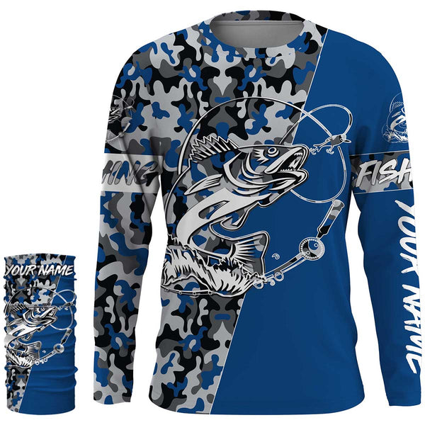 Walleye Tattoo camo Blue Walleye Fishing Custom Name UV Protection Shirts, Walleye Fishing Tournament Clothing - FSD2985