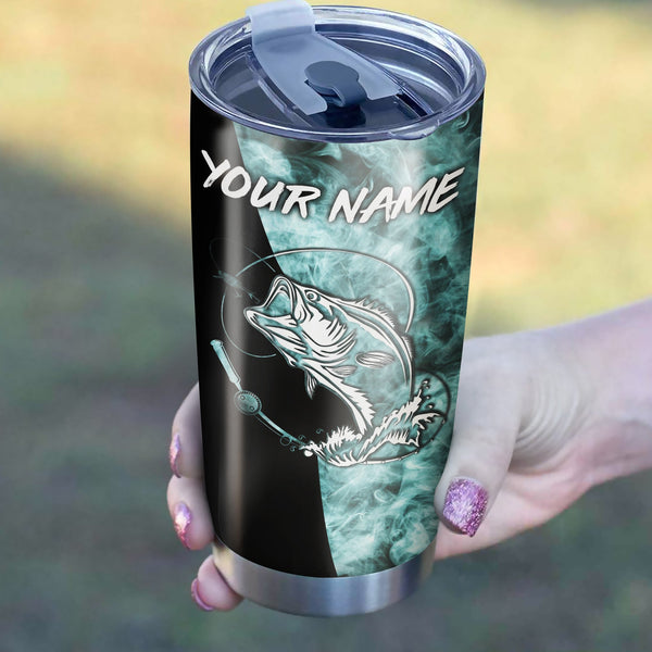 1pc Bass Fishing Blue Smoke Custom Name Stainless Steel Tumbler Cup, Personalized Fishing Gifts FSD3228