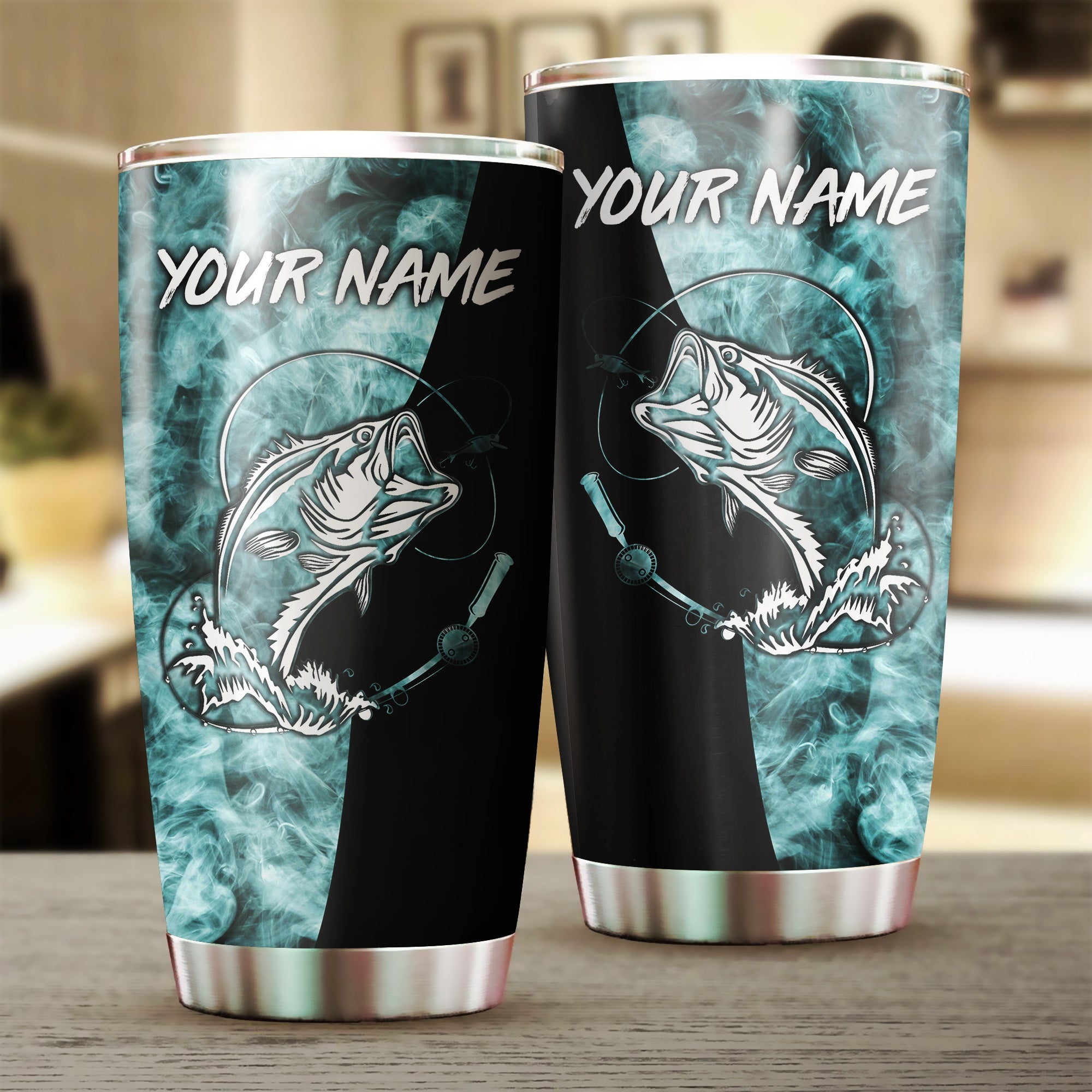 1pc Bass Fishing Blue Smoke Custom Name Stainless Steel Tumbler Cup, Personalized Fishing Gifts FSD3228