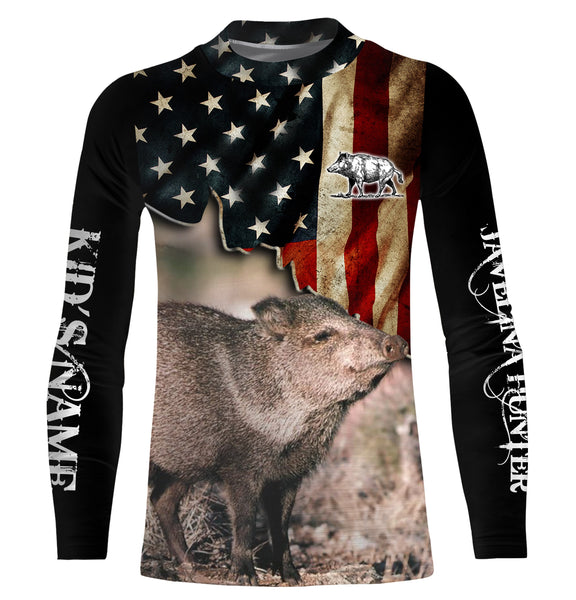 Javelina hunting US Flag custom Name 3D All over print Shirt, Hoodie, Long sleeve - Personalized Hunting clothes for Men, Women and Kid - FSD861