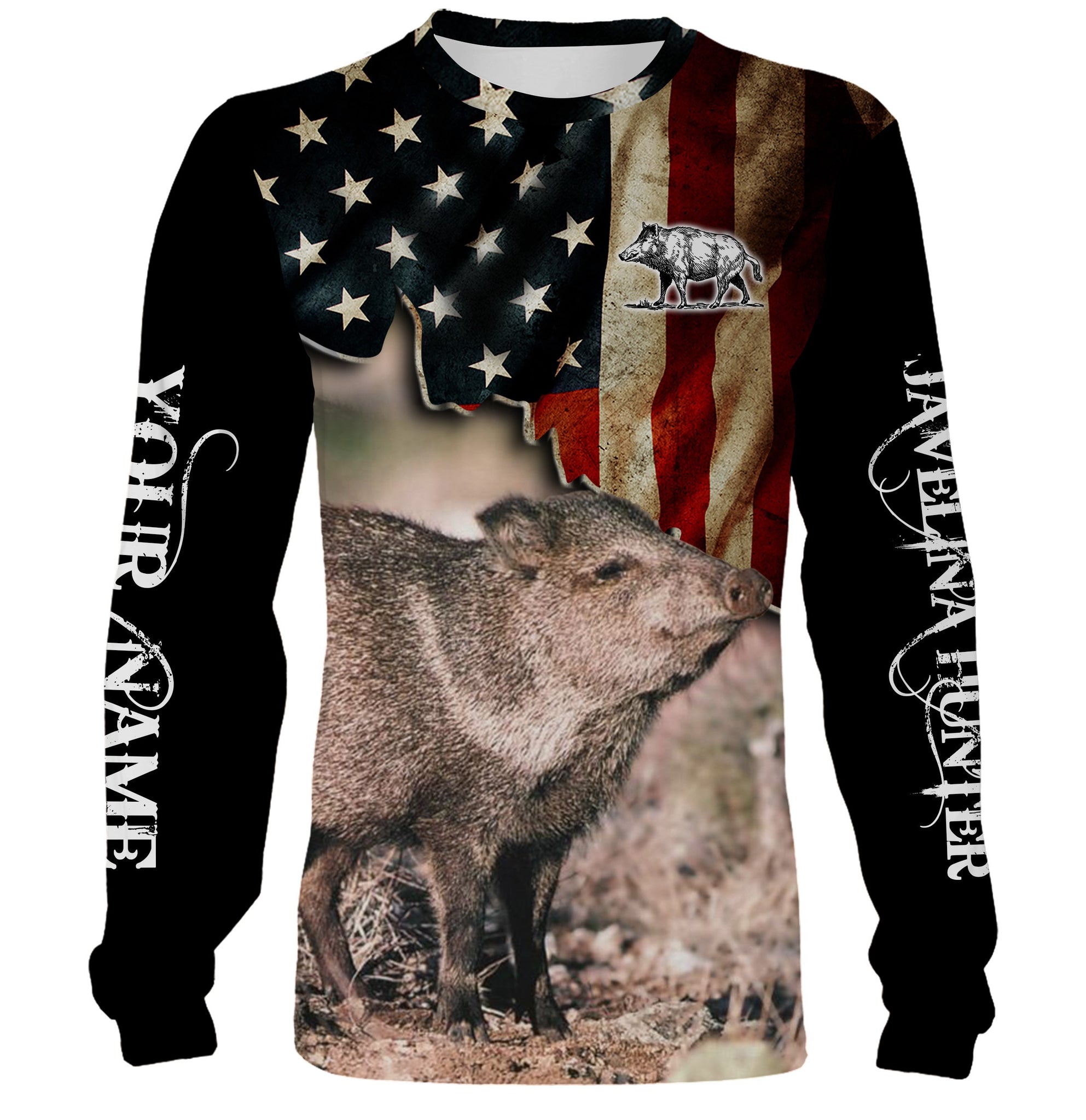 Javelina hunting US Flag custom Name 3D All over print Shirt, Hoodie, Long sleeve - Personalized Hunting clothes for Men, Women and Kid - FSD861