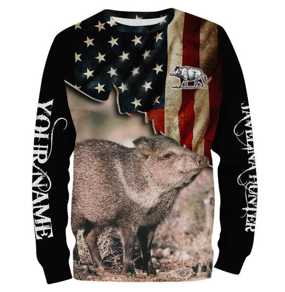 Javelina hunting US Flag custom Name 3D All over print Shirt, Hoodie, Long sleeve - Personalized Hunting clothes for Men, Women and Kid - FSD861