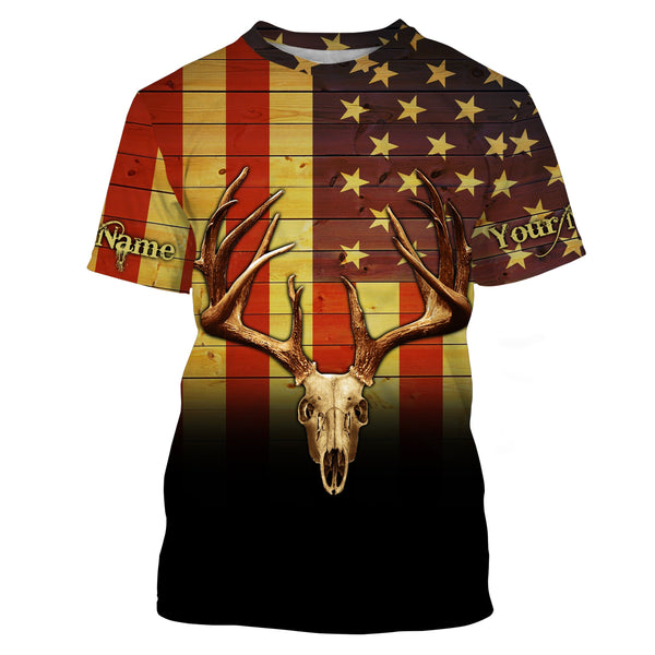 Deer Skull American flag Patriotic Retro Vintage Custom Name all over print shirts, Personalized Gifts FSD3197