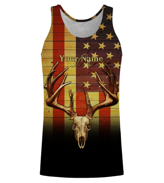 Deer Skull American flag Patriotic Retro Vintage Custom Name all over print shirts, Personalized Gifts FSD3197