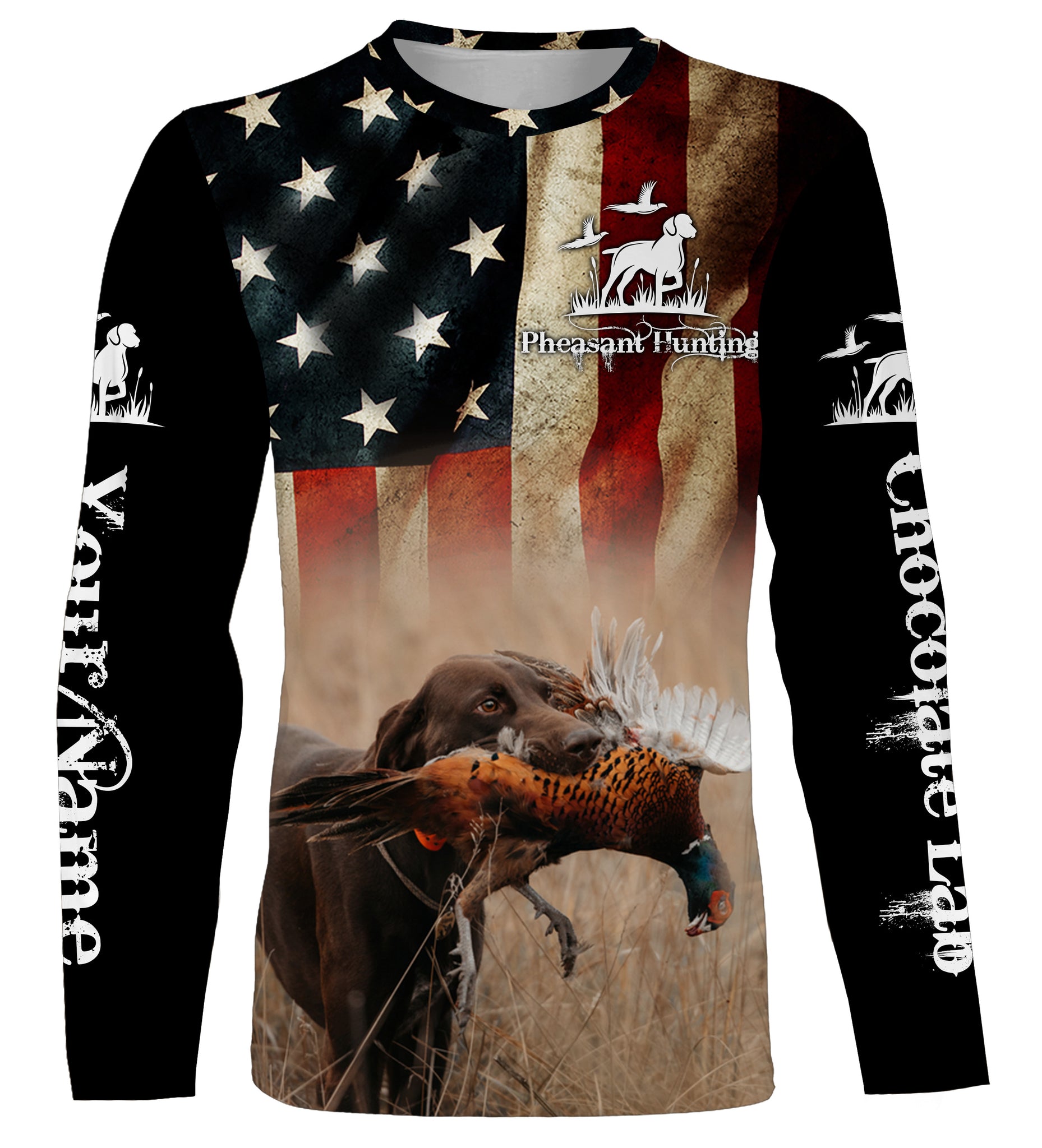 Pheasant Hunting with Chocolate Labrador American flag All over printed Shirts, Lab hunting shirt FSD3560