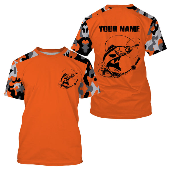 Custom Name Walleye Fishing Camouflage Orange Performance Fishing Shirt, Walleye Fishing Jerseys FSD2475