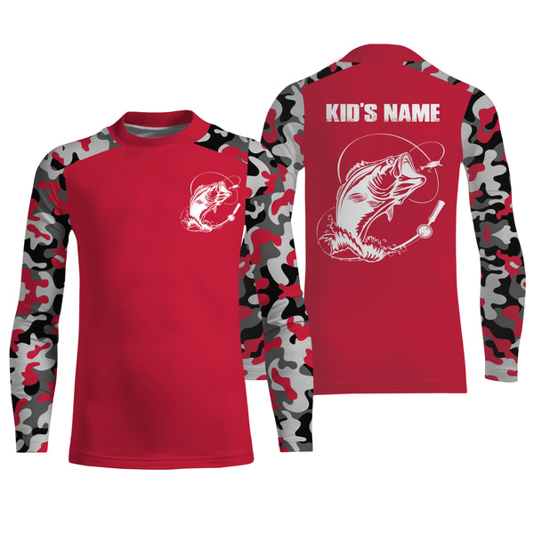 Custom Name Bass Fishing Camouflage Red Performance Fishing Shirt, Bass Fishing Jerseys FSD2867