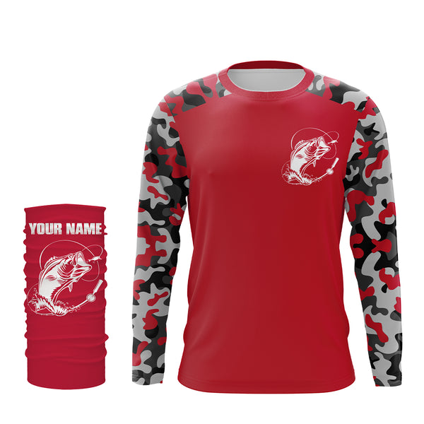 Custom Name Bass Fishing Camouflage Red Performance Fishing Shirt, Bass Fishing Jerseys FSD2867