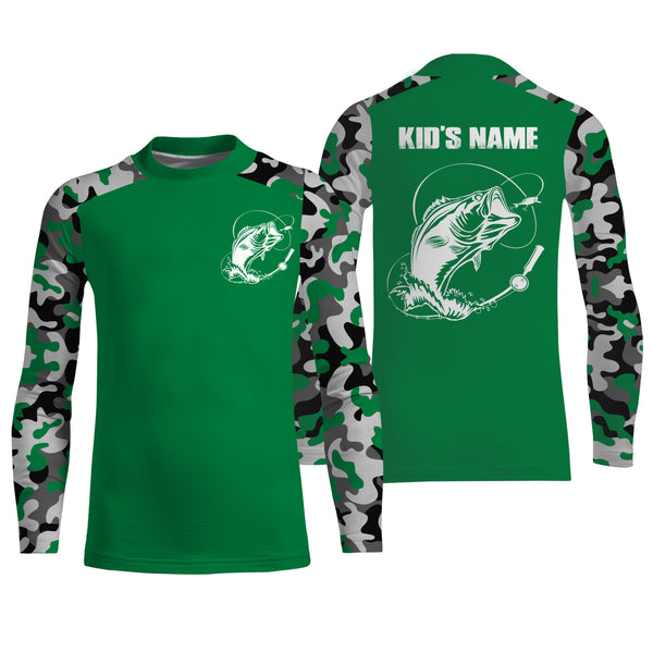 Custom Name Bass Fishing Camouflage Green Performance Fishing Shirt, Bass Fishing Jerseys FSD2868