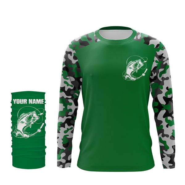 Custom Name Bass Fishing Camouflage Green Performance Fishing Shirt, Bass Fishing Jerseys FSD2868