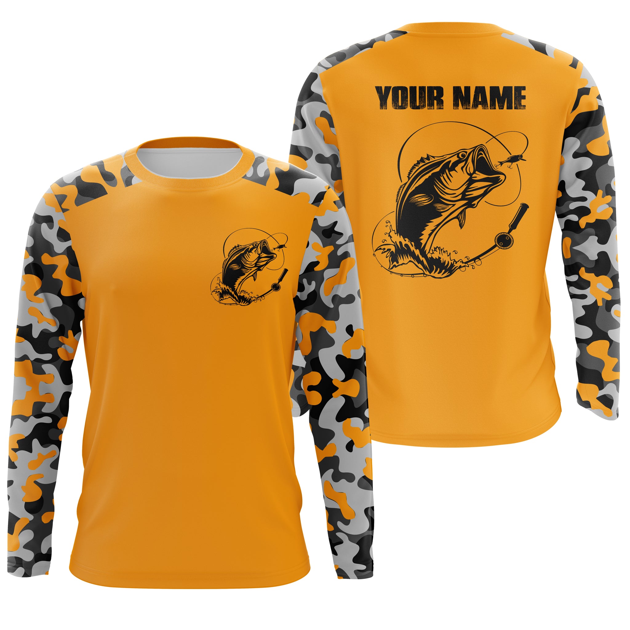 Custom Name Bass Fishing Camouflage Yellow Performance Fishing Shirt, Bass Fishing Jerseys FSD2869