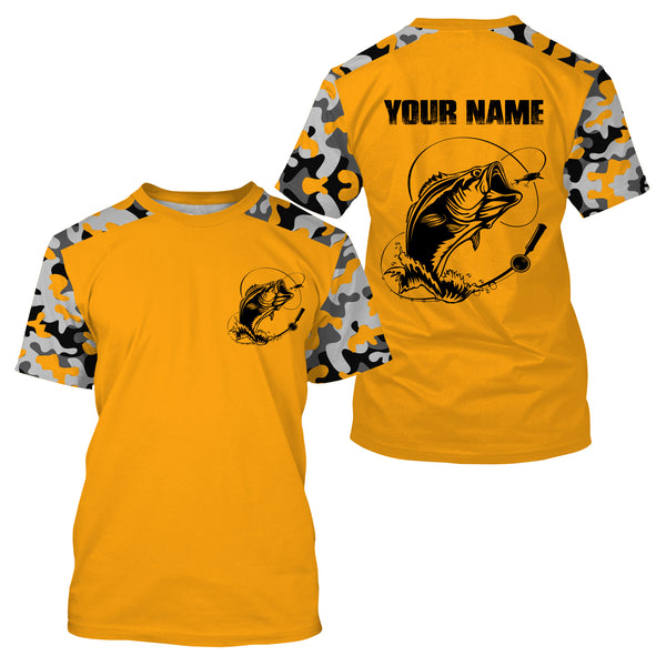 Custom Name Bass Fishing Camouflage Yellow Performance Fishing Shirt, Bass Fishing Jerseys FSD2869