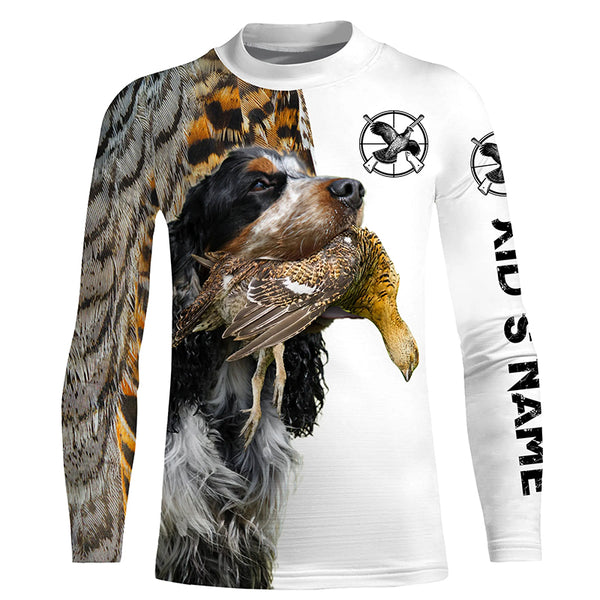 Grouse Hunting with black, white and Tan English Cocker Spaniel custom Name All over print Shirts FSD3615