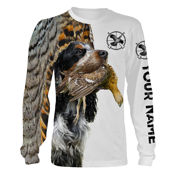 Grouse Hunting with black, white and Tan English Cocker Spaniel custom Name All over print Shirts FSD3615