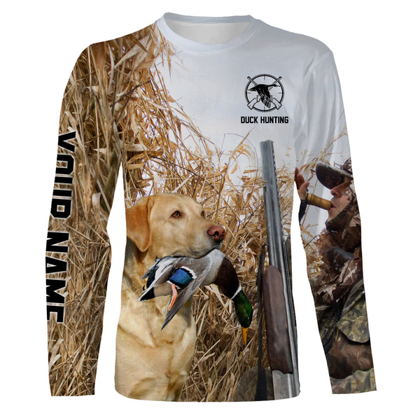 Duck hunting with Dog Yellow Lab Custom Name All over print Shirt, Duck hunting gifts FSD4008