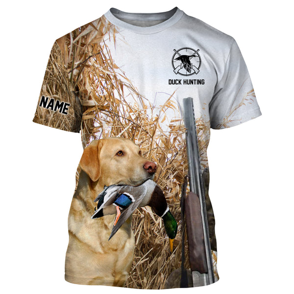 Duck hunting with Dog Yellow Lab Custom Name All over print Shirt, Duck hunting gifts FSD4008