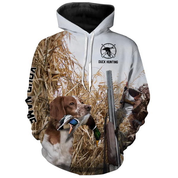 Waterfowl Duck hunting with Dog Brittany Custom Name All over print Shirt, Duck hunting gifts FSD4010