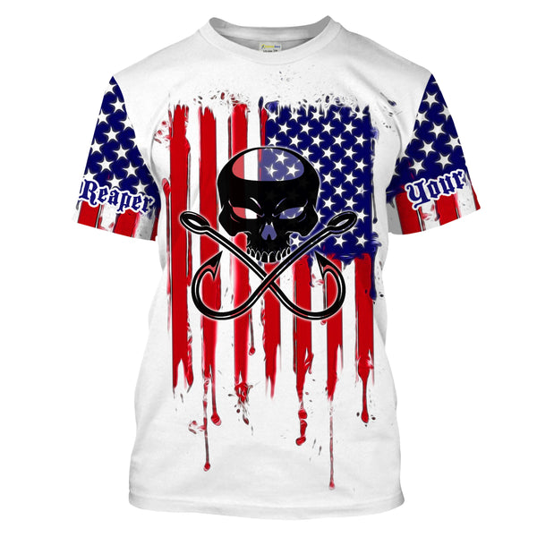 Fishing Hooks Skull Fish Reaper American Flag UV Protection Shirts, Patriotic Fishing Apparel - Personalized Gifts  FSD2258