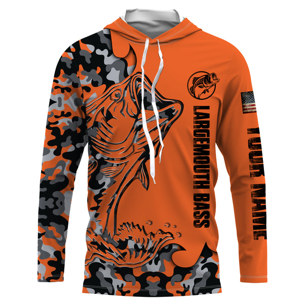 Largemouth Bass Fishing Jerseys, Bass Fishing Long sleeves Orange Camouflage custom Name UV Protection Quick-dry Shirts - FSD2819