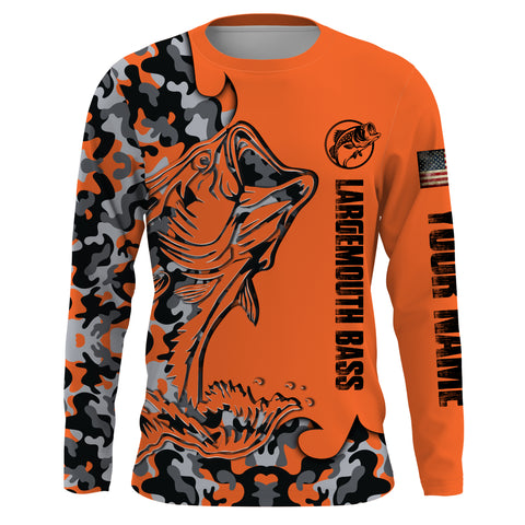 Largemouth Bass Fishing Jerseys, Bass Fishing Long sleeves Orange Camouflage custom Name UV Protection Quick-dry Shirts - FSD2819