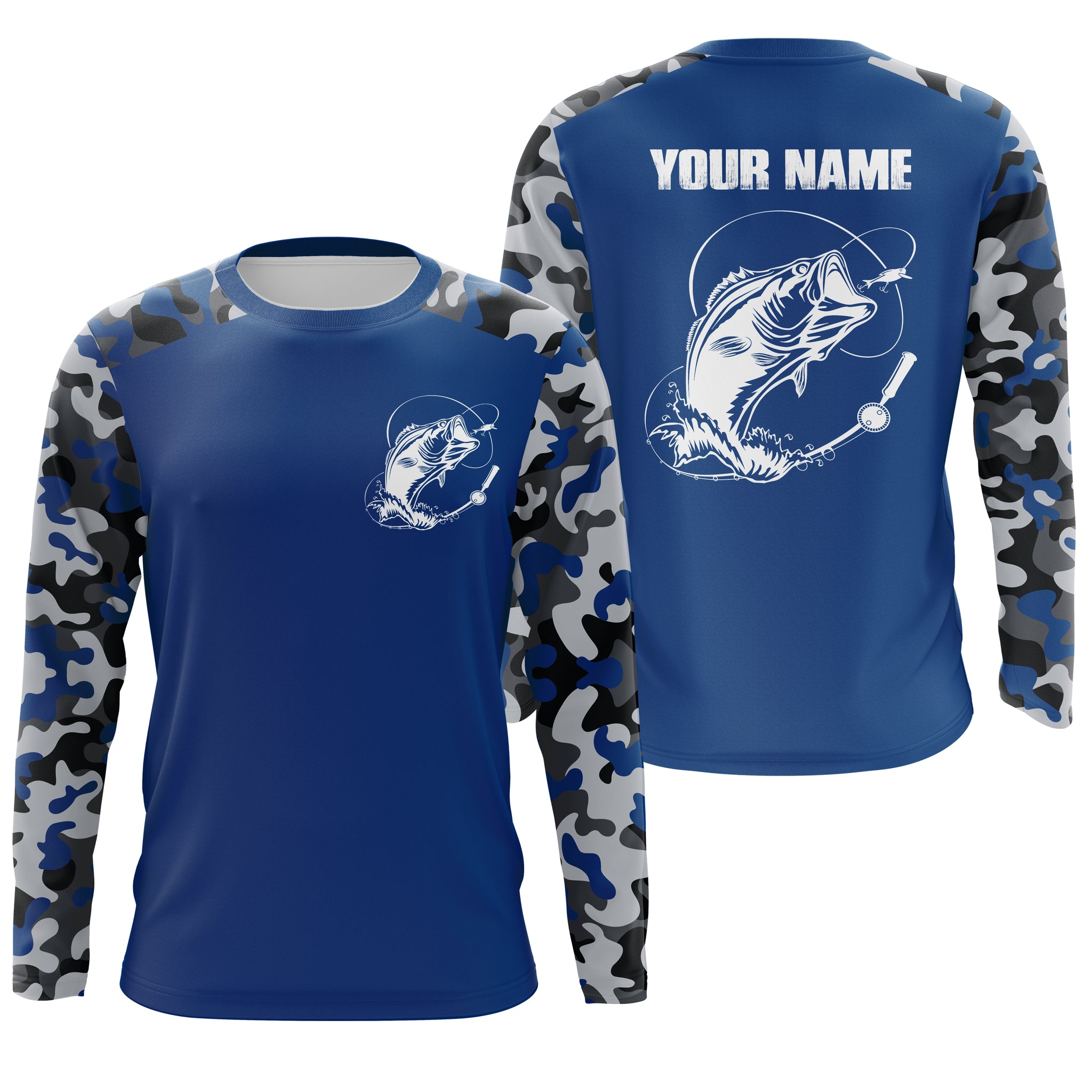 Custom Name Bass Fishing Camouflage Blue Performance Fishing Shirt, Bass Fishing Jerseys FSD2640