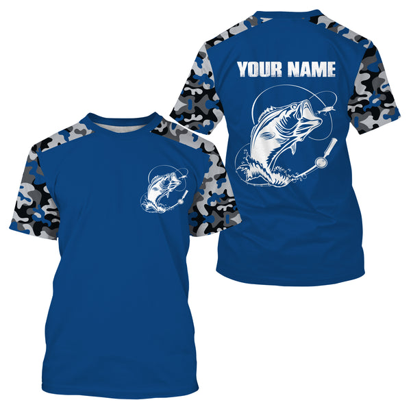 Custom Name Bass Fishing Camouflage Blue Performance Fishing Shirt, Bass Fishing Jerseys FSD2640