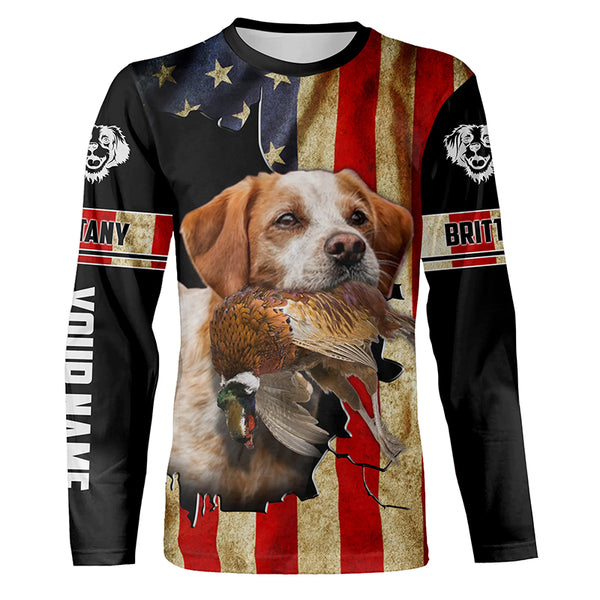 Brittany Bird dog Hunting Pheasant American flag Custom Name Shirts, gifts for hunting dog owners FSD3800