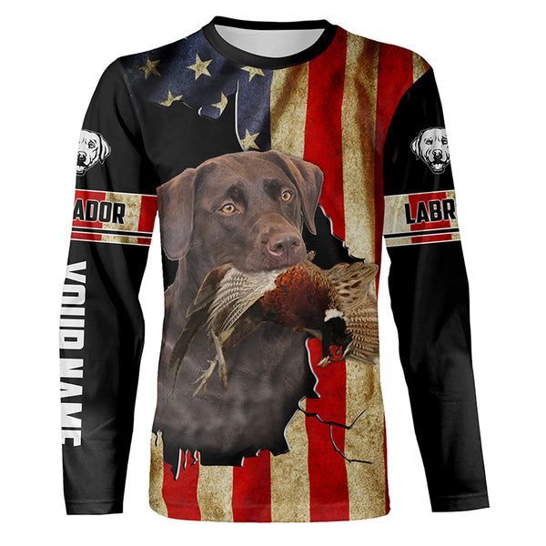 Bird Dog Labs Chocolate Labrador Pheasant hunting American flag Custom Name Shirts, Hoodie FSD3803