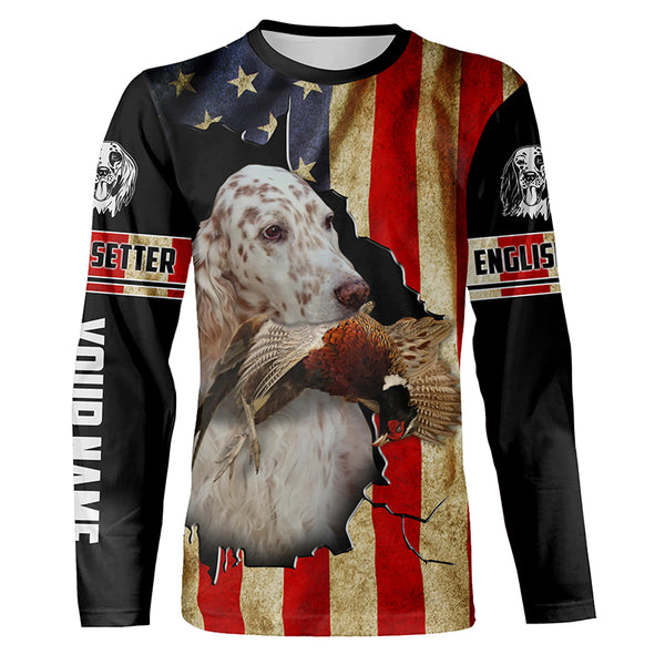 English Setter bird Dog Pheasant hunting American flag Customized Name Shirts, Hoodie FSD3807