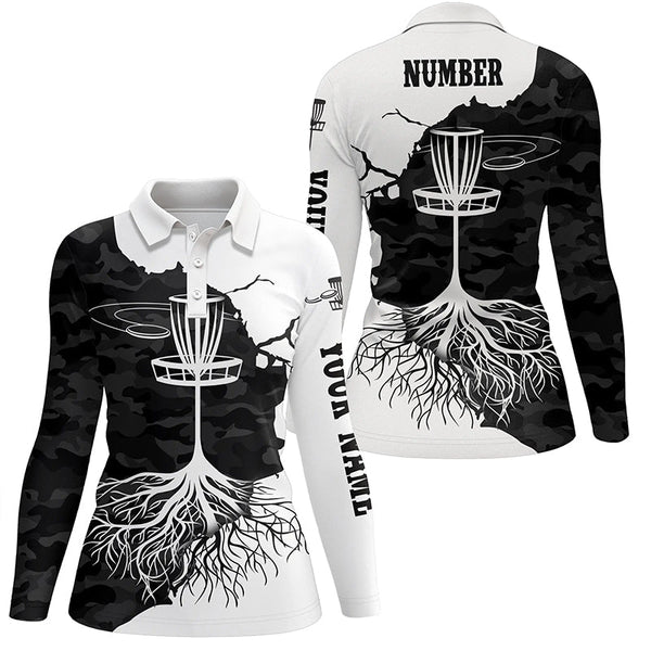 Black Camo Womens Disc Golf Polo Shirt Custom Black White Disc Golf Tops For Women Golf Gifts LDT1035