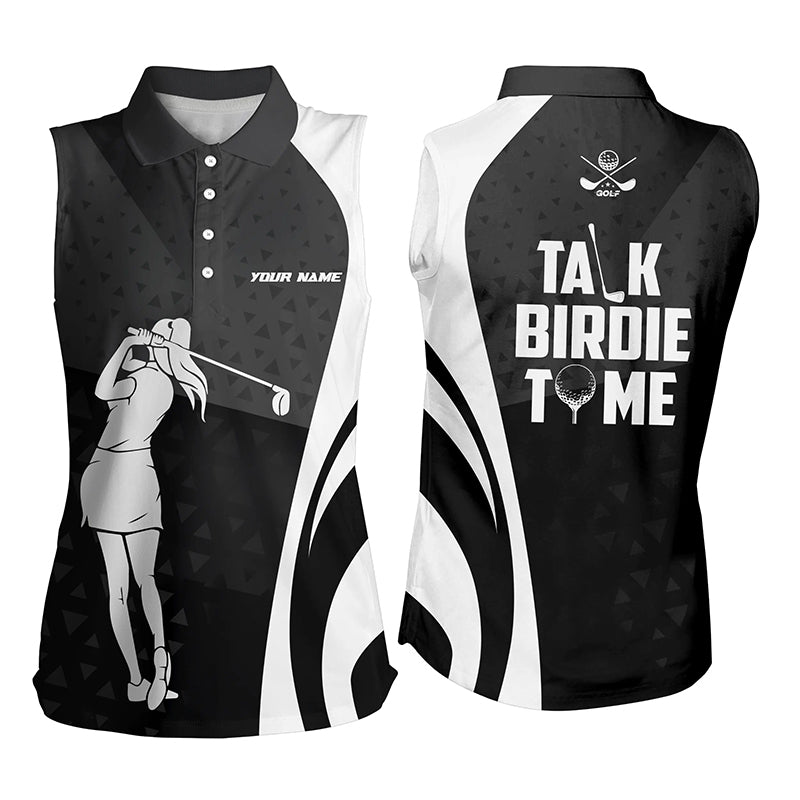 Talk Birdie To Me Black White Womens Sleeveless Polo Shirt Custom Geometric Cool Golf Shirt For Women LDT0770