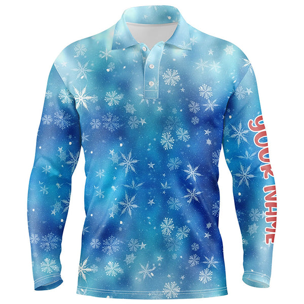 Snowflakes And Blurred Lights Blue Christmas Golf Men Polo Shirts Custom Golf Shirts For Men LDT0809