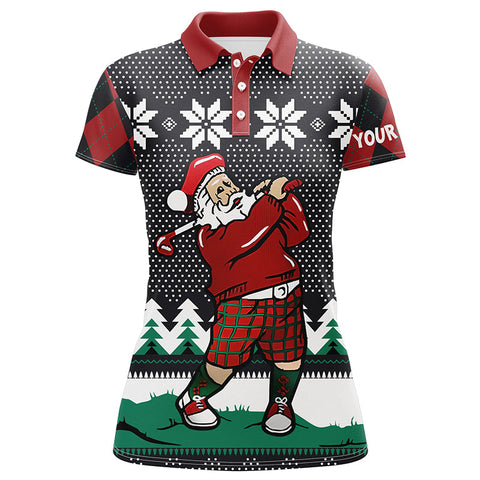 Santa Playing Golf Ugly Christmas Polo Shirt Custom Argyle Pattern Funny Golf Shirt For Women LDT0857