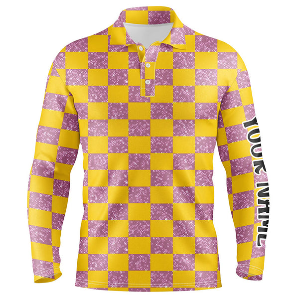 Yellow Purple Twinkle Checkered Plaid Mens Golf Polo Shirt Personalized Golf Gifts For Male Golfer LDT0983