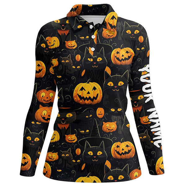 Halloween Seamless With Pumpkin & Cute Cat Golf Polos Funny Golf Tops For Women Golf Gifts LDT0457