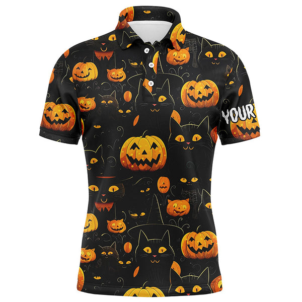 Halloween Seamless With Pumpkin & Cute Cat Mens Golf Polos Funny Golf Tops For Men Golf Gifts LDT0457