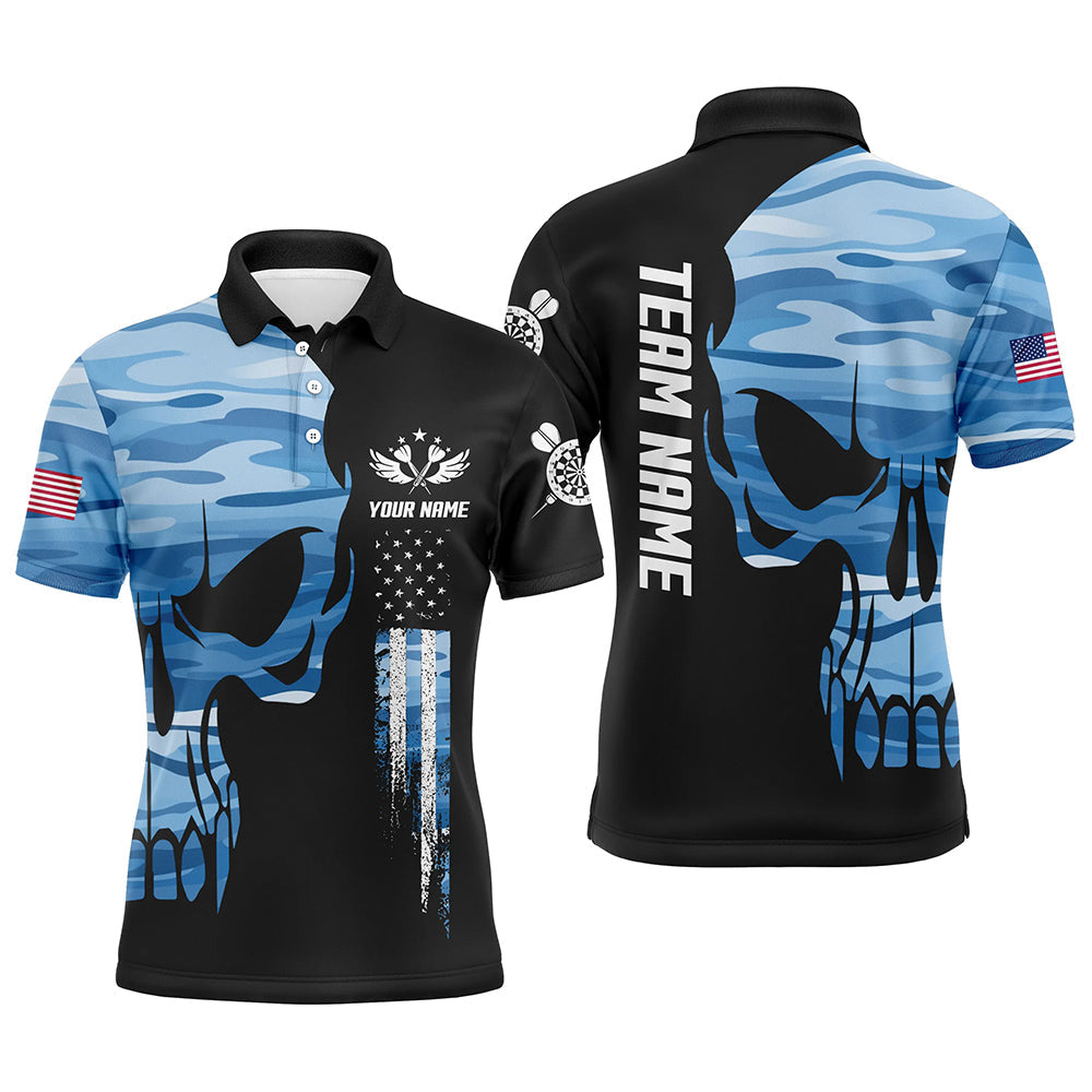 Blue Camo Skull American Flag Mens Darts Polo Shirt Custom Patriotic Dart Jerseys For Men LDT1452