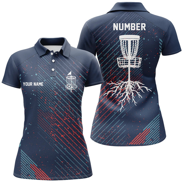 Blue Red Geometric Pattern Womens Disc Golf Polo Shirt Cool Golf Shirts For Women Golf Gifts LDT0596