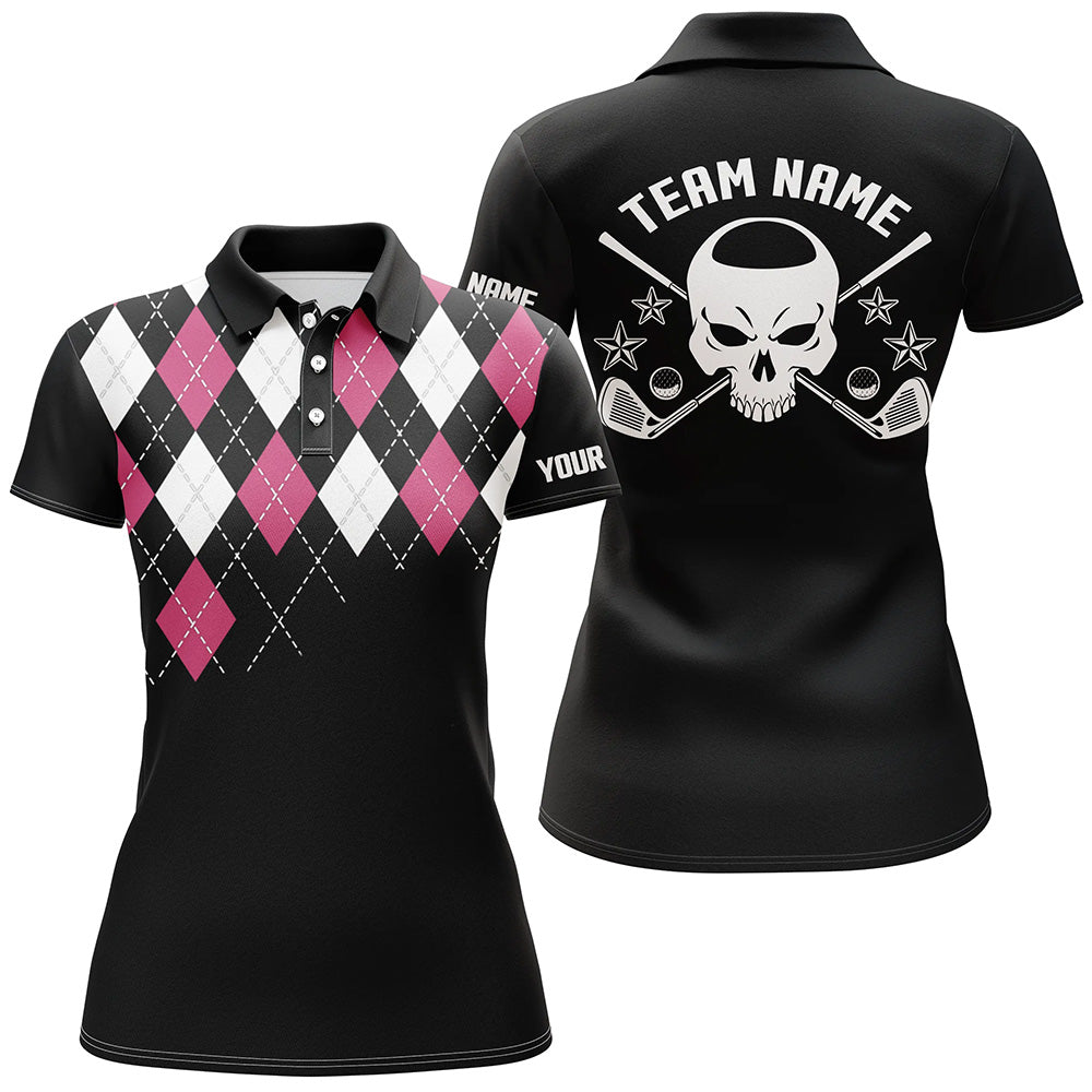 Pink Argyle Pattern Womens Golf Polo Shirts Customized Skull Golf Shirts For Women, Ladies Golf Gifts LDT0099