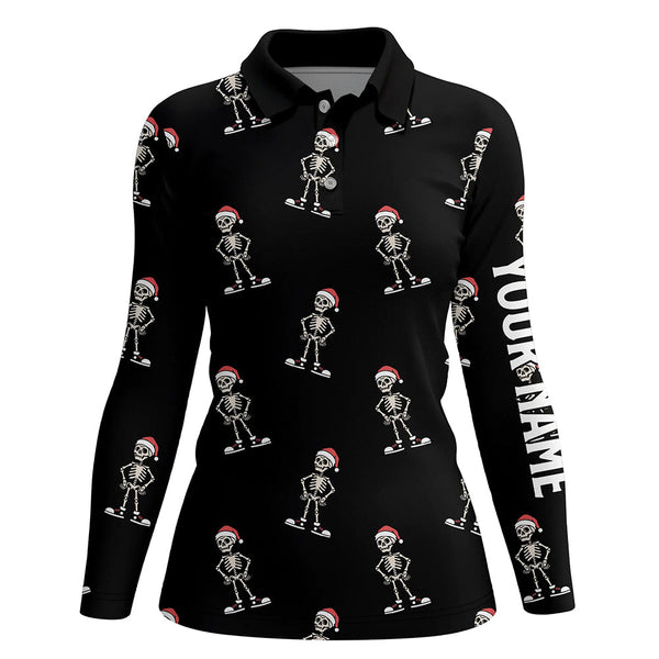 Cartoon Skeleton With Santa Hat Christmas Golf Polo Shirts Black Skull Golf Shirts For Women LDT0664