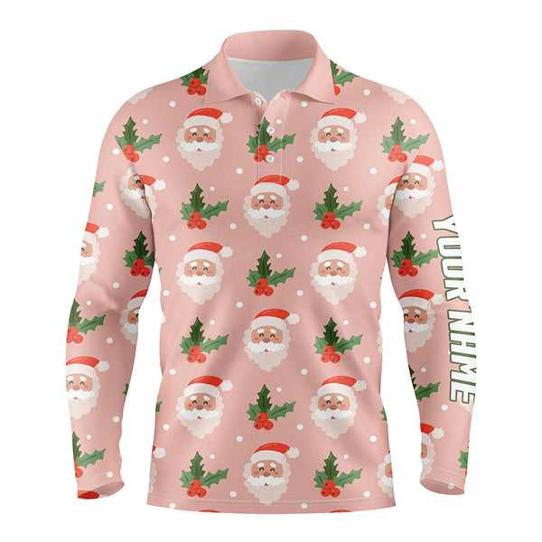 Santa With Holly On Pink Mens Golf Polo Shirt Custom Cute Golf Shirts For Men Golf Gifts LDT0677