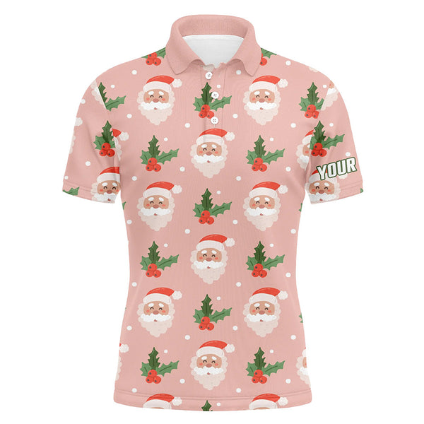 Santa With Holly On Pink Mens Golf Polo Shirt Custom Cute Golf Shirts For Men Golf Gifts LDT0677