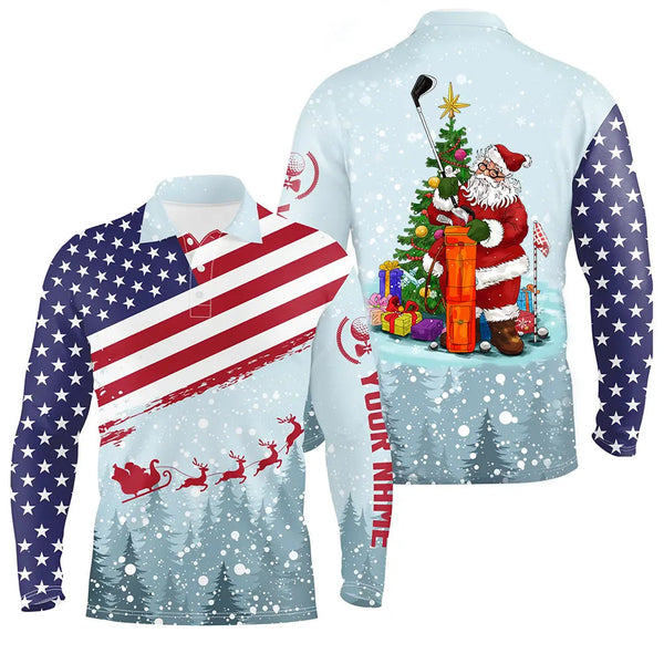 Christmas Usa Flag Mens Golf Polo Shirt Santa Golf Custom Winter Patriotic Golf Shirts For Men LDT0941