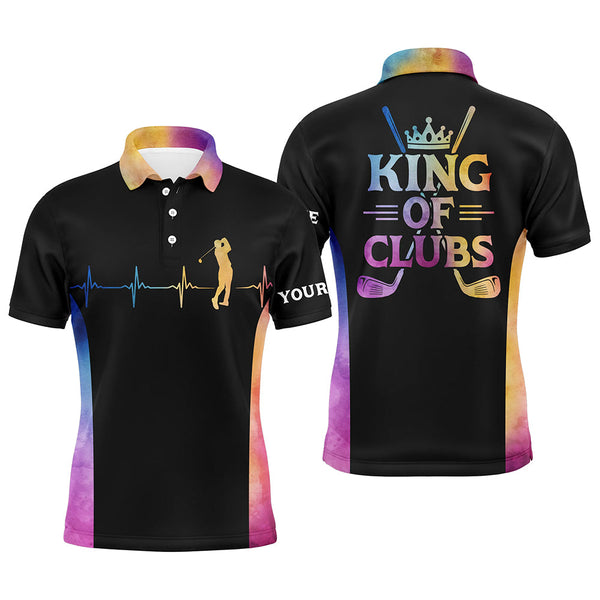 King Of Clubs Golf Polo Shirts Custom Name Heartbeat Black Golf Shirts For Men, Colorful Golf Tops LDT0183