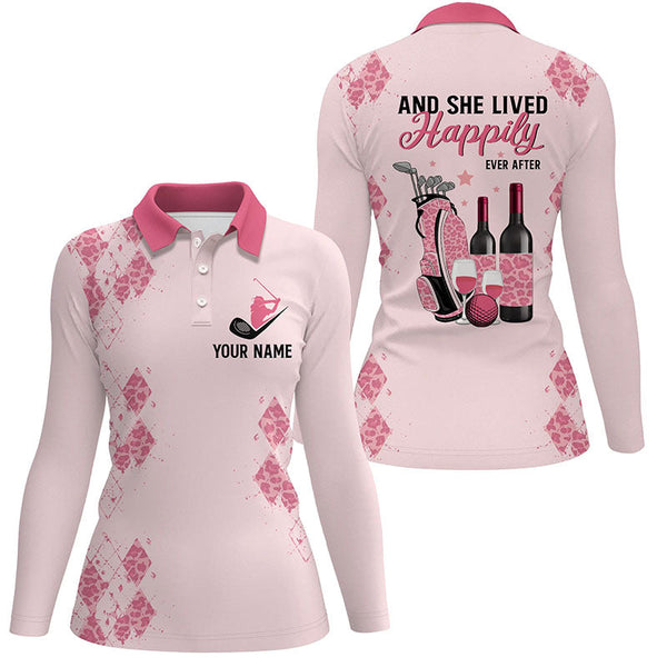 And She Lived Happily Ever After Pink Leopard Womens Golf Polo Shirts Custom Name Golf And Wine LDT0029
