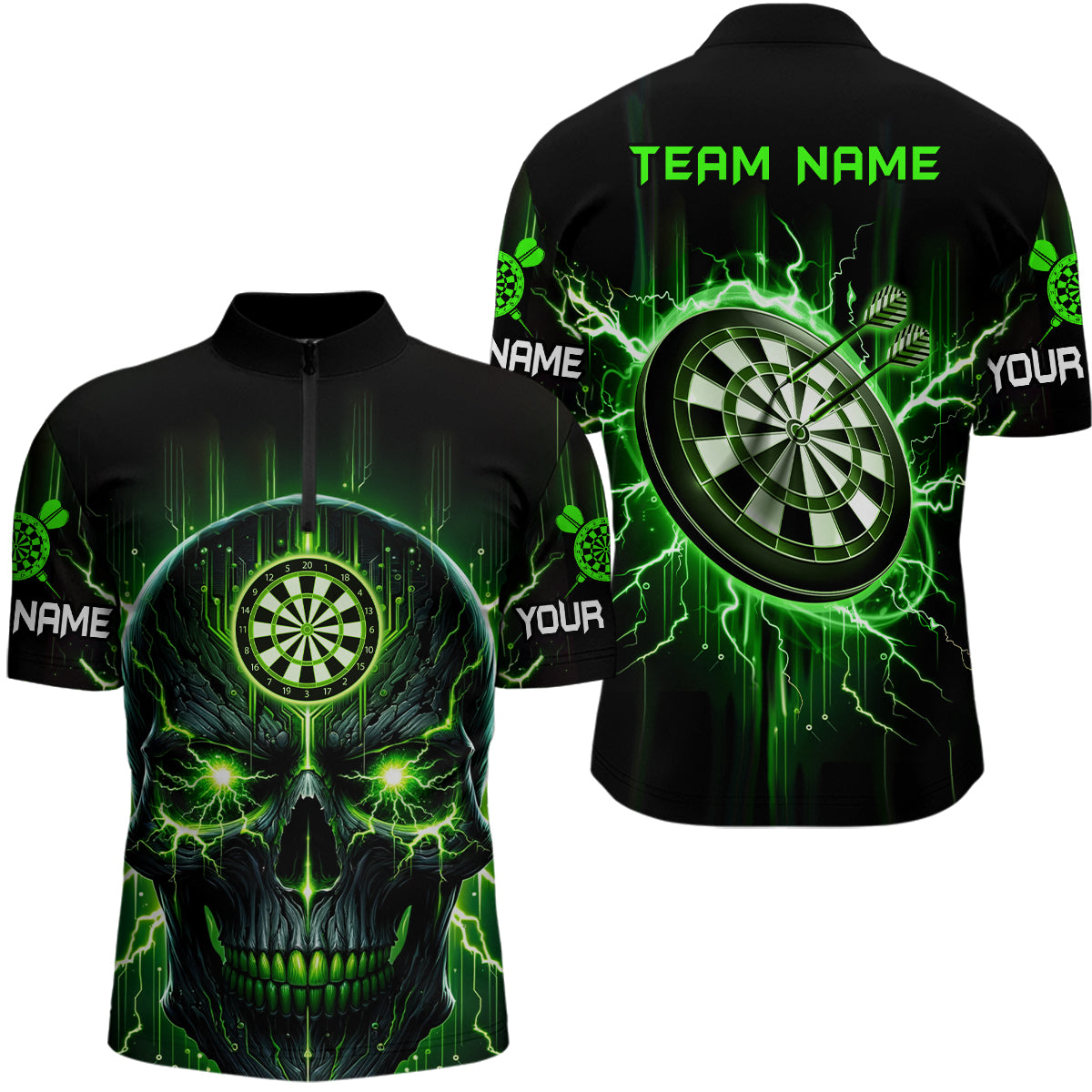 Black Green Skull Darts Quarter Zip Shirt Custom Scary Darts Shirt For Men Dart Jerseys LDT1432