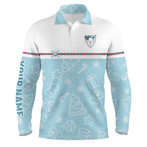 Personalized Blue Christmas Golf Mens Polo Shirt Custom Winter Xmas Pattern Cool Golf Shirts For Men LDT0868